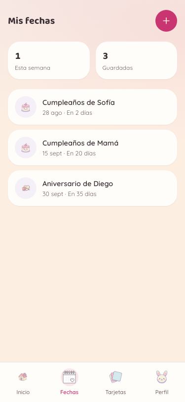 Pantalla de Mis fechas con cumpleaños guardados