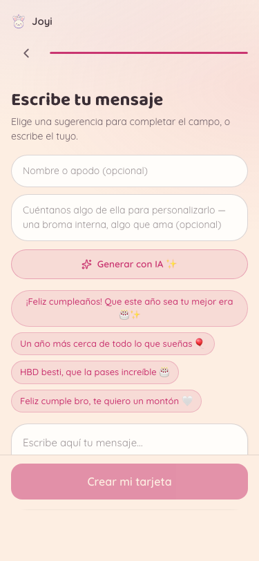 Pantalla para escribir el mensaje de la tarjeta