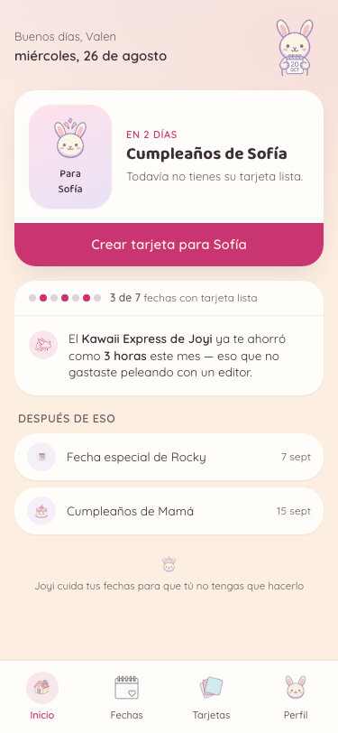 Pantalla de Inicio de Joyi, con la próxima fecha por celebrar