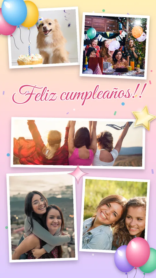 Collage de cumpleaños con cinco fotos reales, globos y el mensaje "Feliz cumpleaños"